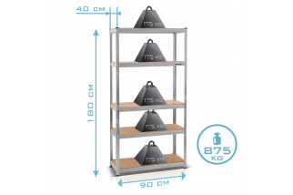 Metalowy regał magazynowy garażu piwnicy 180x90x40 z półkami do 5P/175kg 875kg